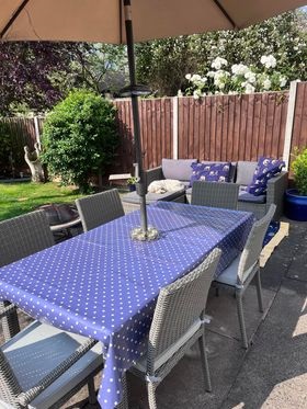 Just Dotty Denim Oilcloth tablecloth